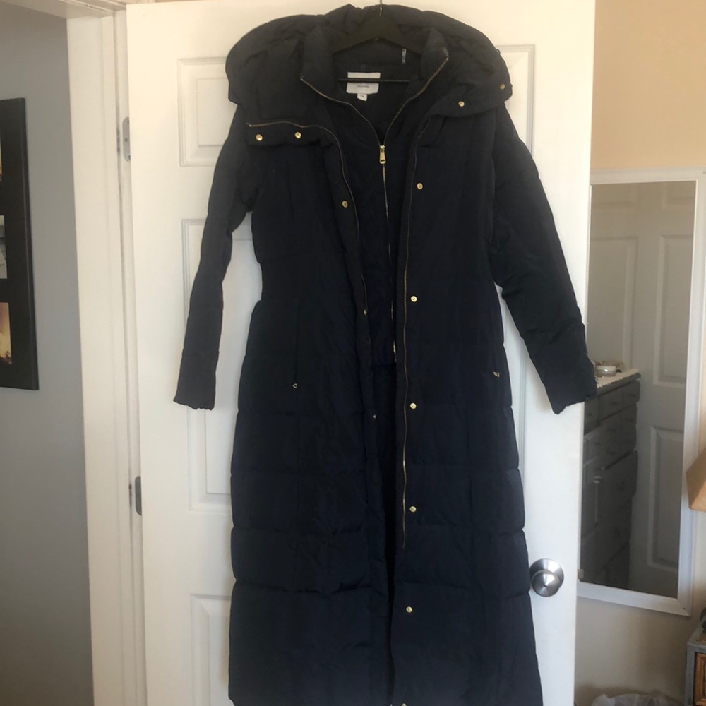 Dark navy Cole Haan extra long parka. There’s no way you’re getting cold in this